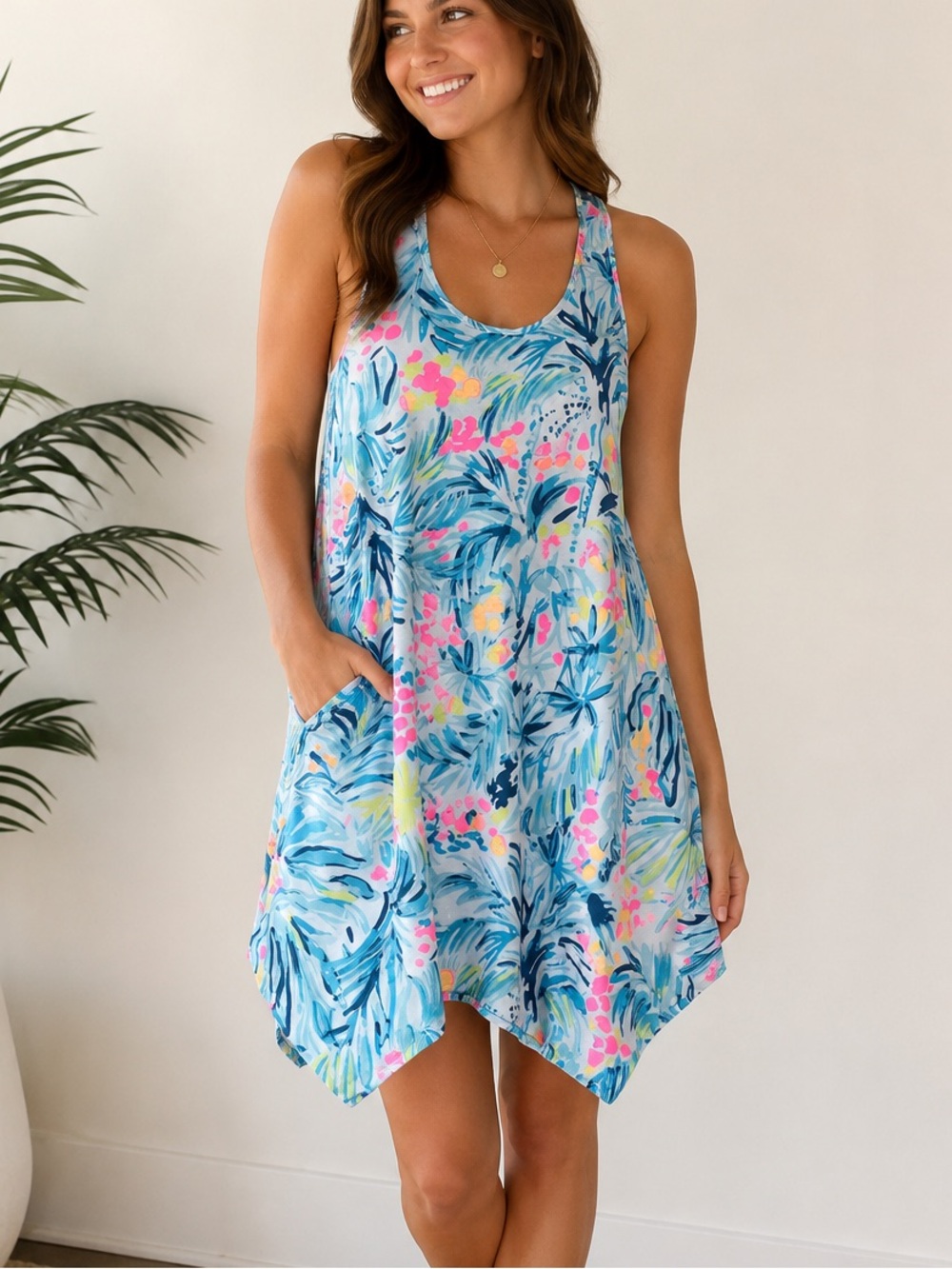 Lilly Pulitzer Tropical Swing Dress XS Blue Pink Pima Cotton Racerback Flowy